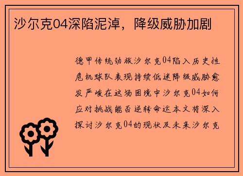 沙尔克04深陷泥淖，降级威胁加剧